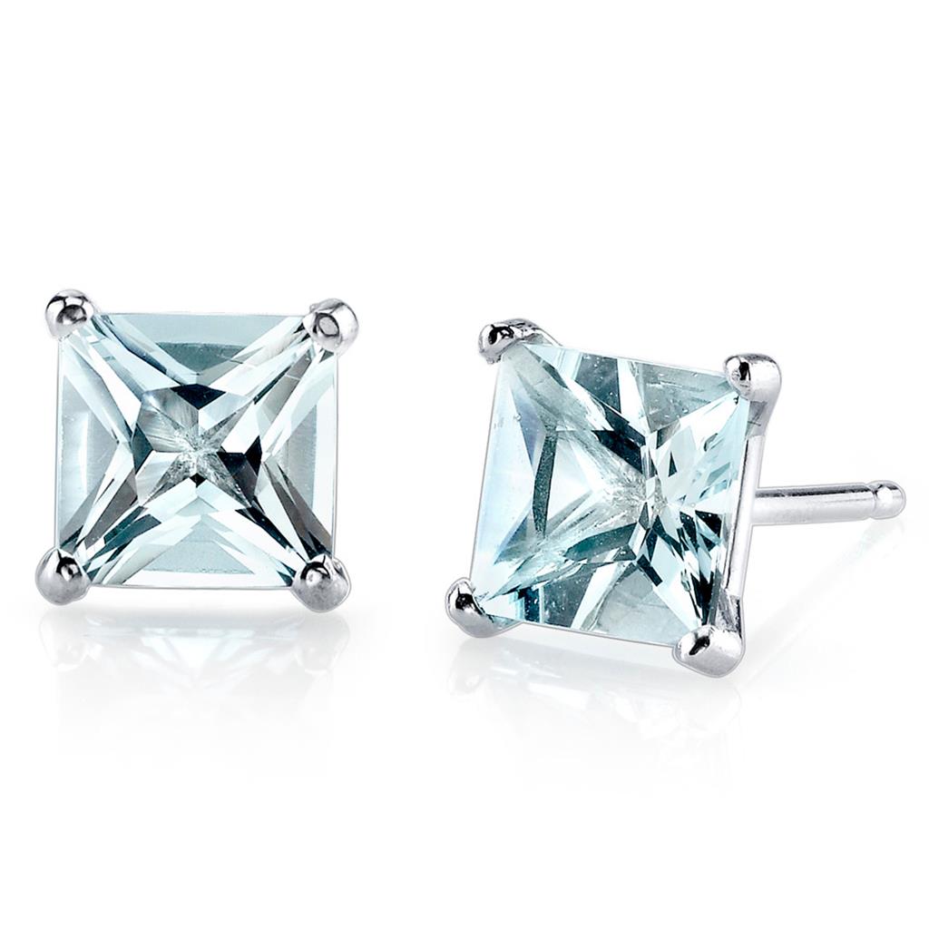 14 KT White Stud Earrings 1.75ctw Princess Aquas