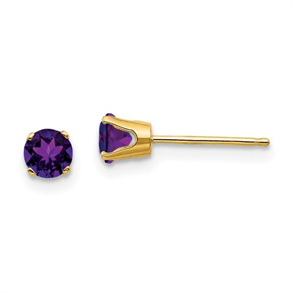 14 Karat Gold Yellow February Birth Stone Studs Earrings Round Amethyst