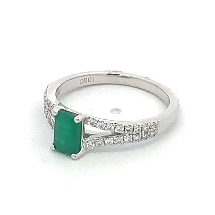 Solitare Accent Style Engagement Ring with Colored Stone Center 14 KT White with an Emerald Cut Shape Emerald Center Stone and Diamonds accent stones