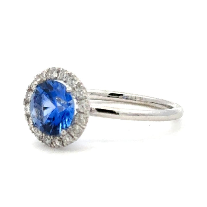 Halo Style Colored Stone Ring 14 KT White with Sapphire & Diamonds Accent size 6.25