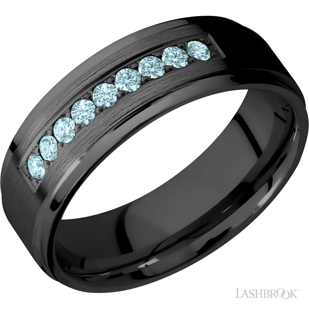 Black Zirconium Alternative Metal Ring 7mm wide with Round Blue Diamonds Size 10