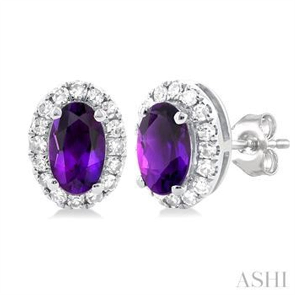 10 Karat Gold White February Birth Stone Studs Earrings Oval Amethysts 0.14 ctw Round Diamonds