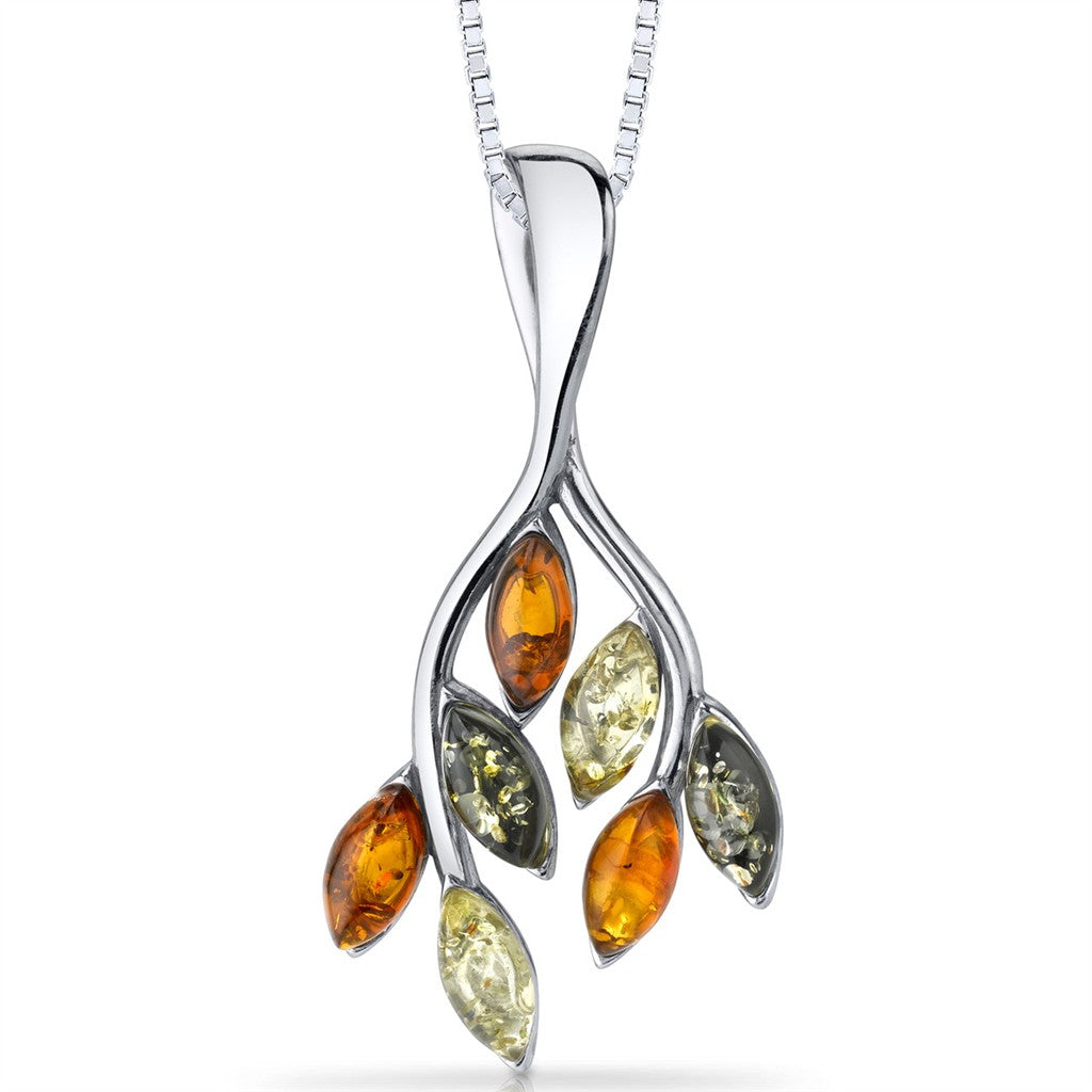 Leaf Drop Pendant Sterling Silver White with Marquise Ambers