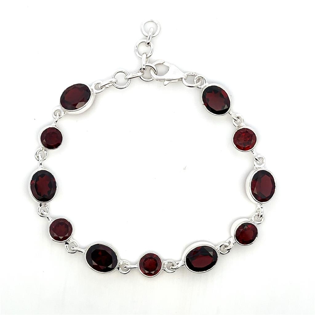 Link Style Colored Stone Bracelet .925 White With Garnet Mozambiques & Garnet Mozambiques 8" Long