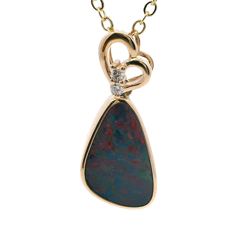 14KT Yellow Gold Opal and Diamond Heart Drop Pendant