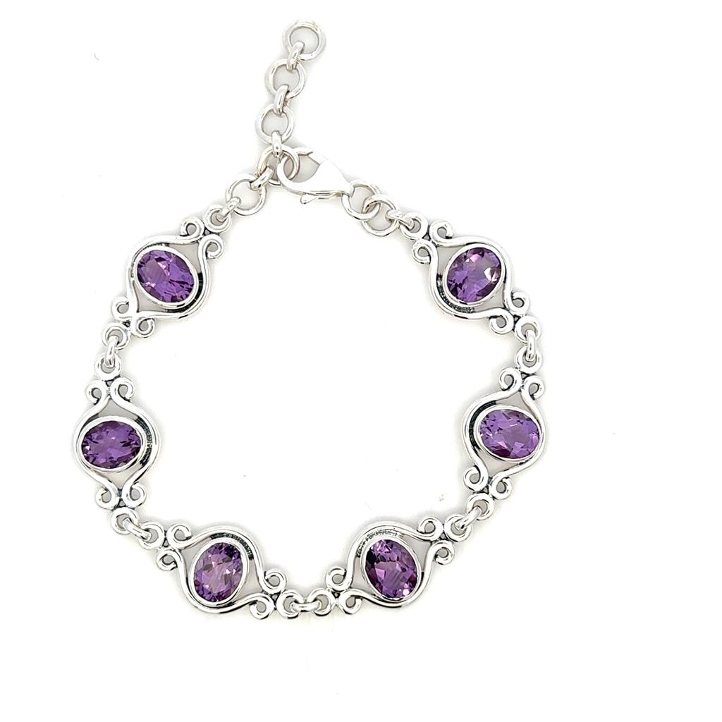 Link Style Colored Stone Bracelet .925 White With Amethysts 8" Long