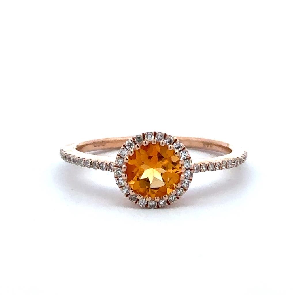 Halo Style Colored Stone Ring 14 KT Rose with Citrine & Diamond Accent size 7