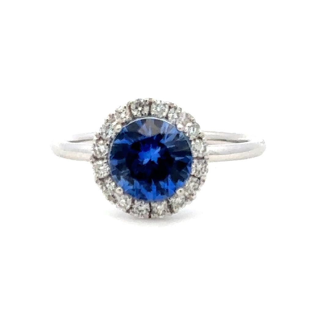 Halo Style Colored Stone Ring 14 KT White with Sapphire & Diamonds Accent size 6.25