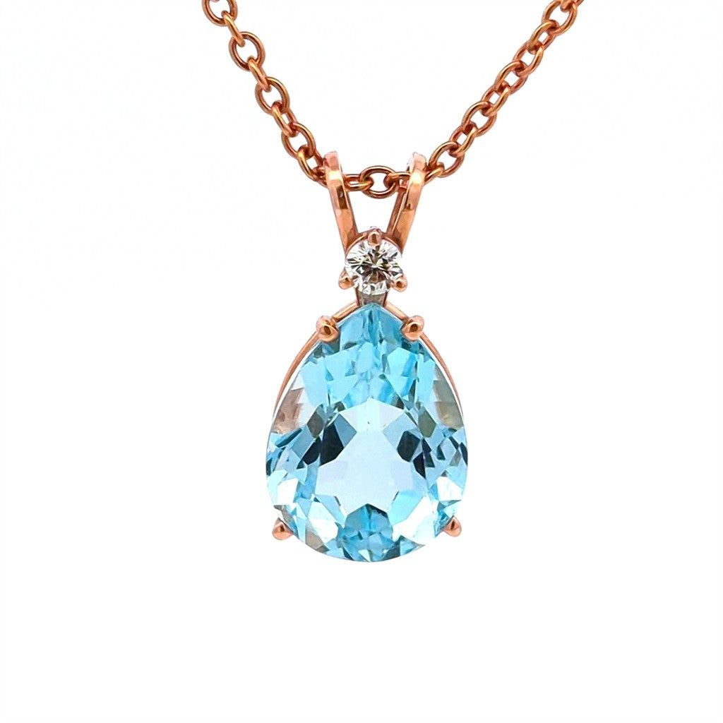 Solitare Accent Pendants 14 Karat Gold Rose with Pear Blue Topaz