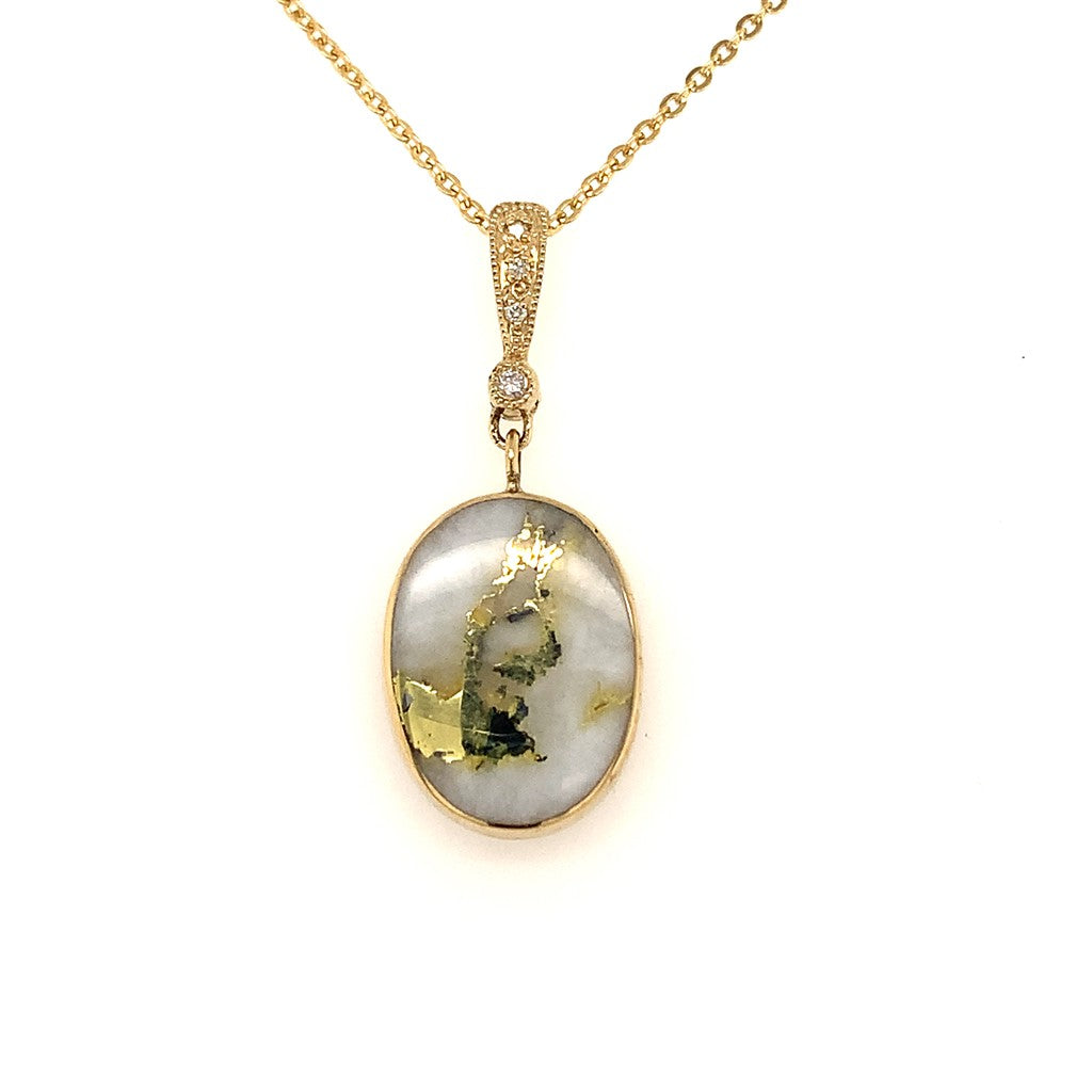 Solitare Accent Pendants 14 Karat Gold Yellow with Oval Golden Quartz & Round Diamonds