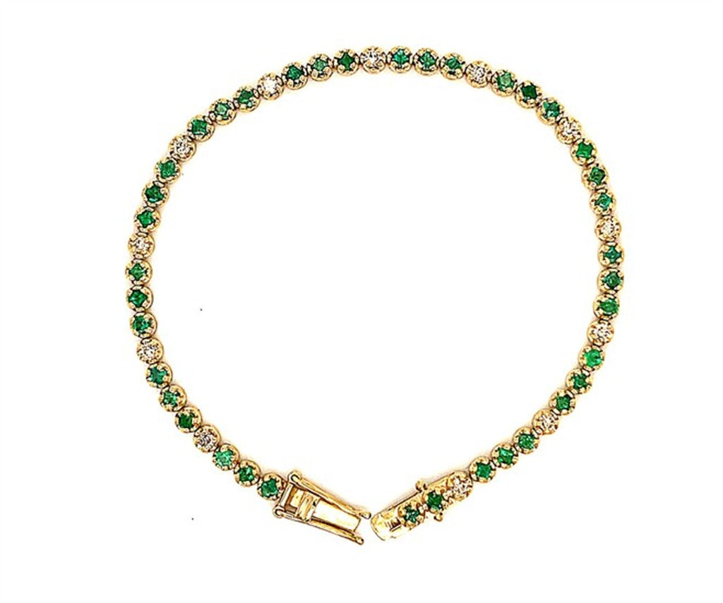 Tennis Style Colored Stone Bracelet 14 Karat Gold Yellow With Emeralds & Diamonds 7" Long