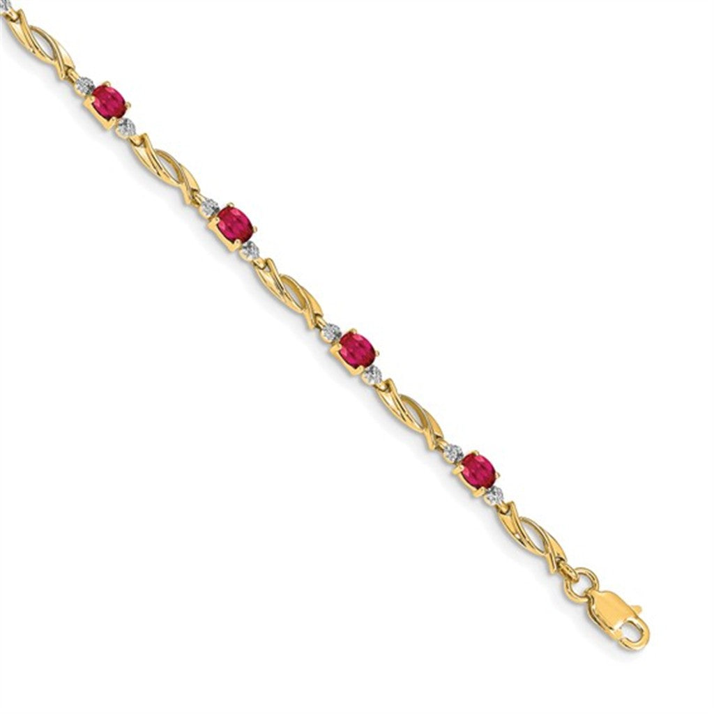 Link Style Colored Stone Bracelet 14 Karat Gold Yellow With Rubies & Diamonds 7" Long