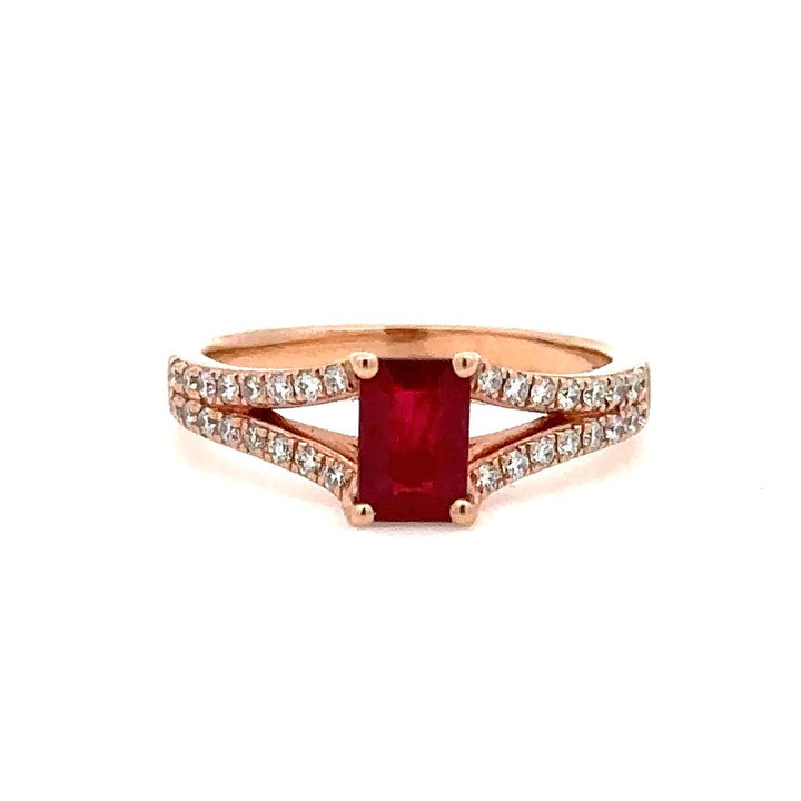 Solitare Accent Style Engagement Ring with Colored Stone Center 14 KT Rose with an Emerald Cut Shape Ruby Center Stone and Diamonds accent stones