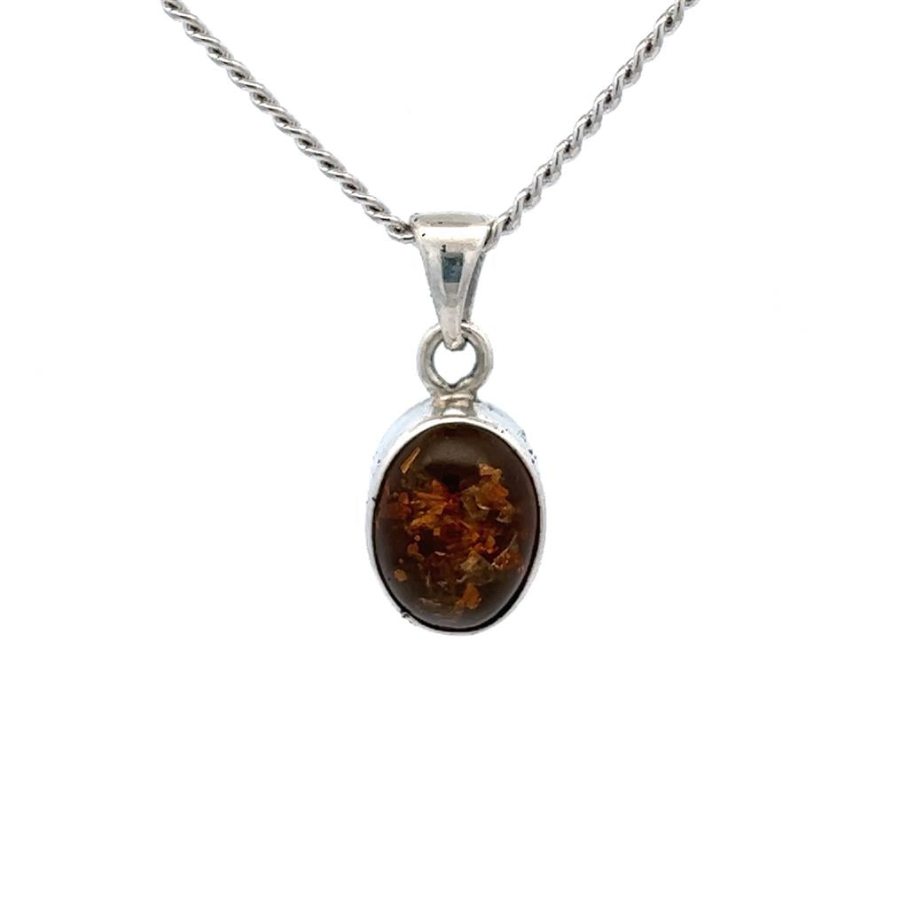 Drop Pendant Sterling Silver White with Oval Amber