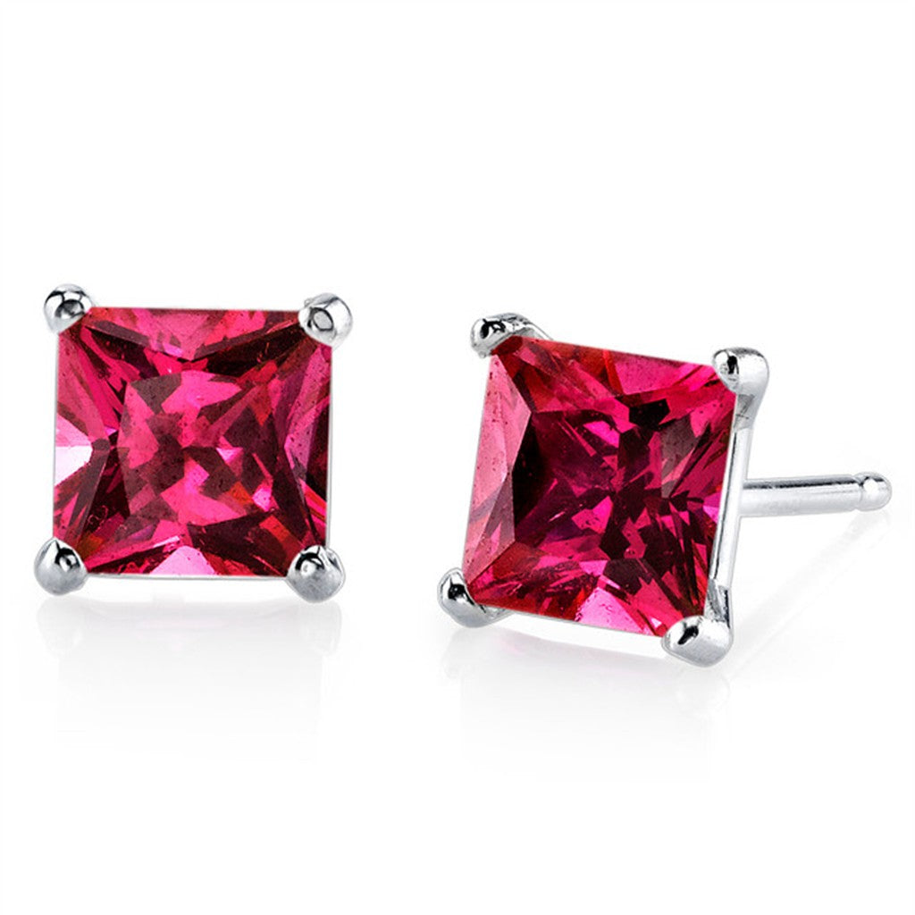 14 Karat Gold White Single Stone Studs Earrings 3.00ctw Lab Grown Princess Rubies