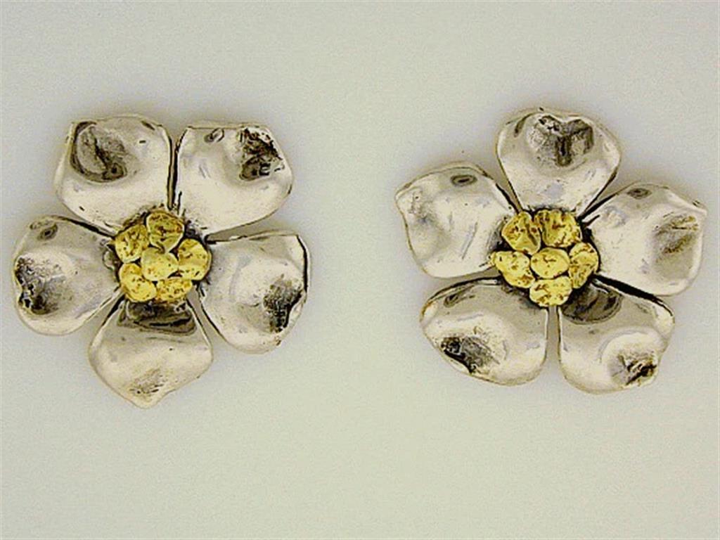 Flower Stud Sterling Silver Earrings Accented with Alaskan Gold Nuggets
