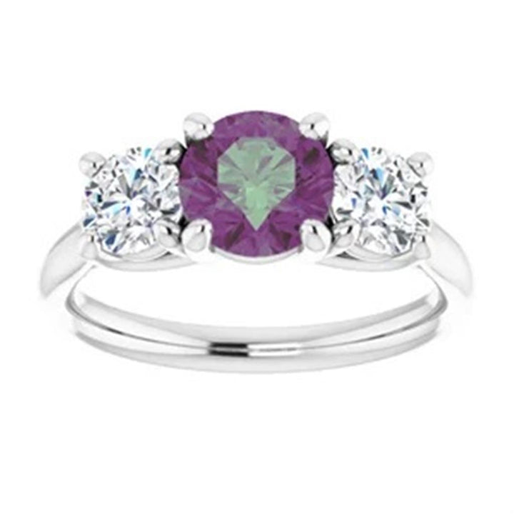 3 Stone Style Colored Stone Ring 14 KT White with Lab Diamonds & Alexandrite Accent size 6.75