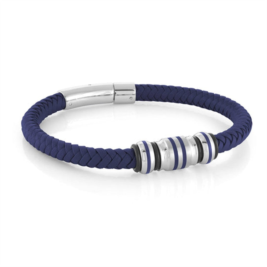 Learher Alternative Metal Bracelet Leather & Stainless Blue Color 8.25" Long