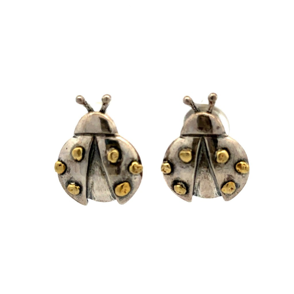 Ladybug Stud Sterling Silver Earrings Accented with Alaskan Gold Nuggets