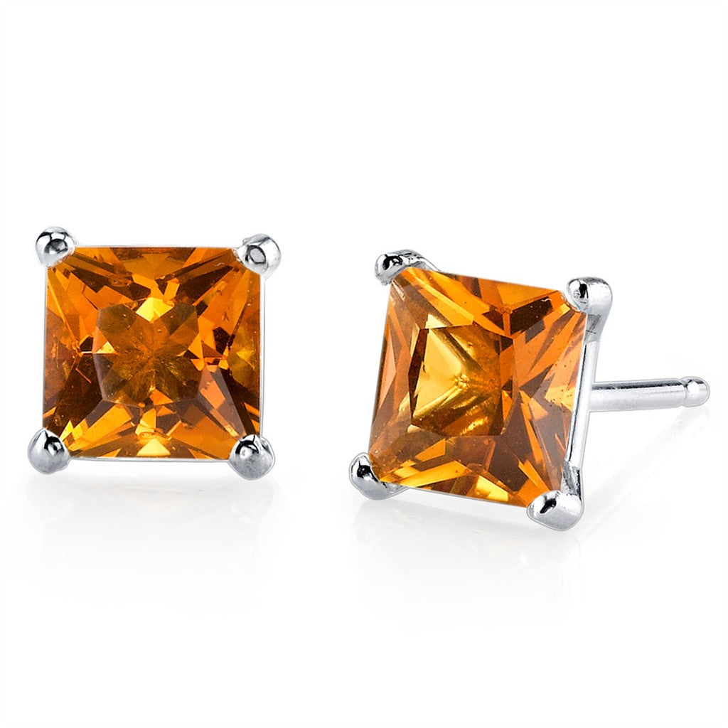 14 Karat Gold White Stud Earrings 2.00ctw Princess Citrines