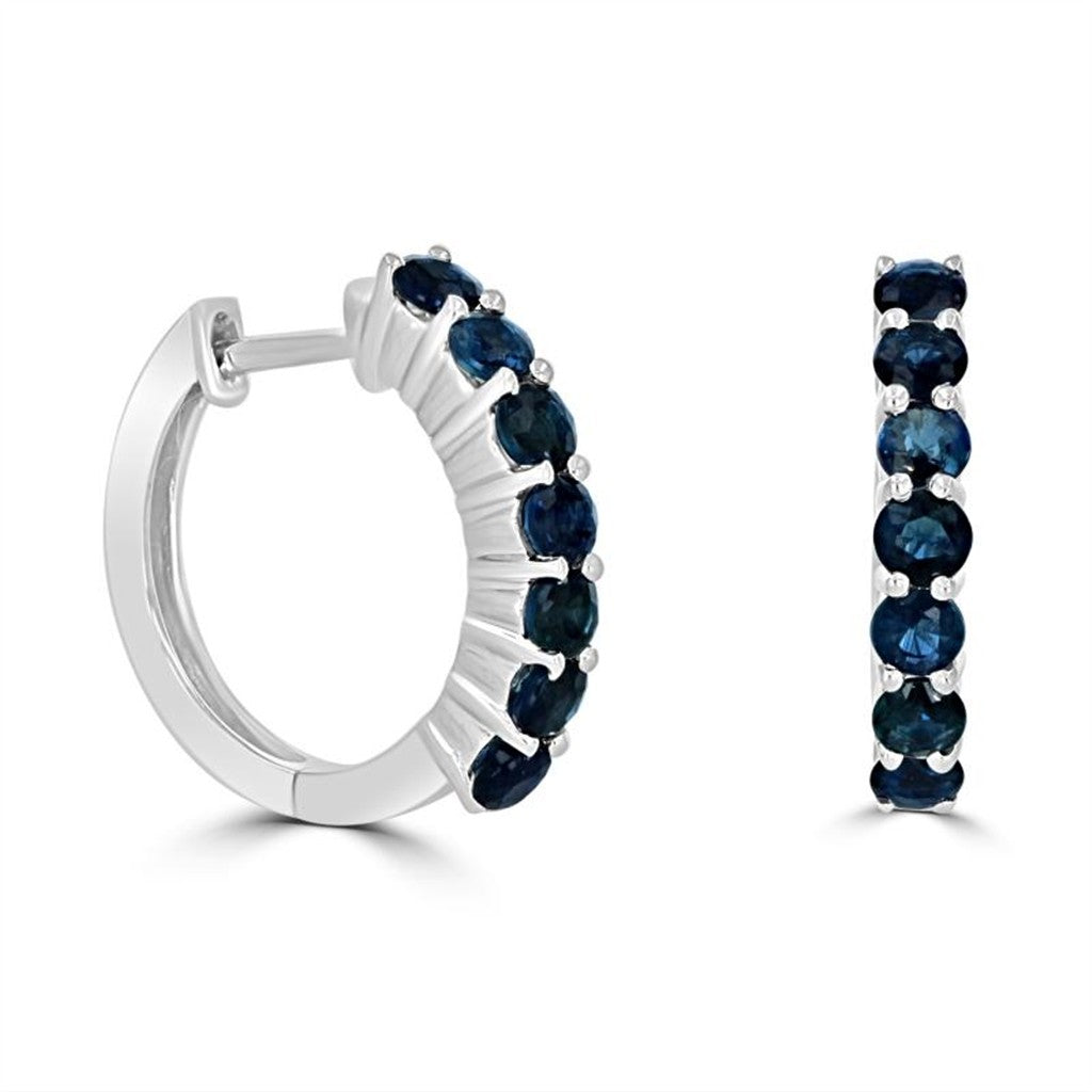 Earrings Precious Metal With Colored Stone Dangle Huggie Hoop 14 Karat Gold White With 1.38ctw Sapphires