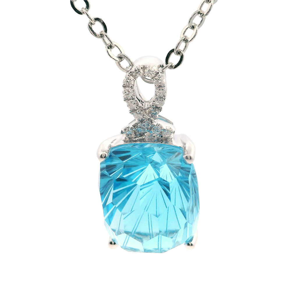 Drop Pendants 14 Karat Gold White with Fantasy Cut Blue Topaz & Round Diamonds