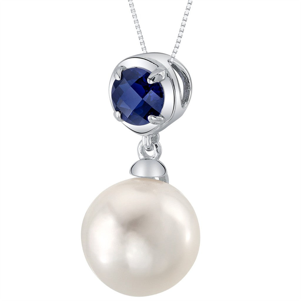 September Birthstone Slider Pearl Pendant Sterling Silver White with Round Fresh Water Pearl & Round Sapphire