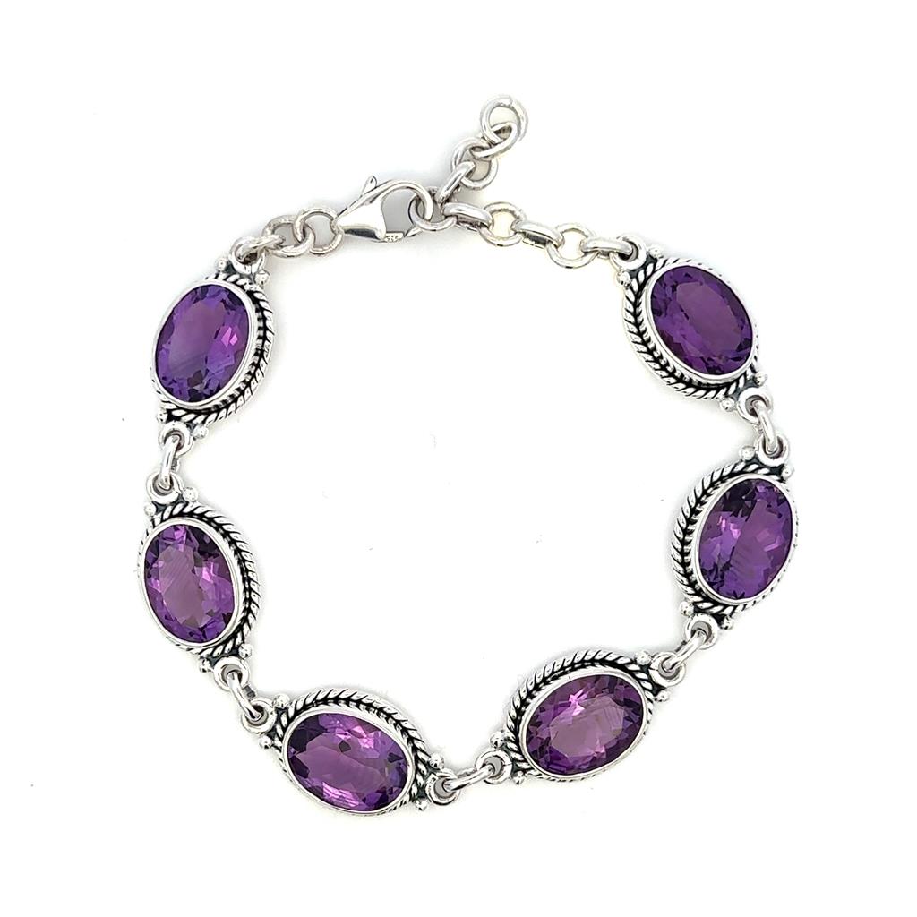 Link Style Colored Stone Bracelet .925 White With Amethysts 8" Long