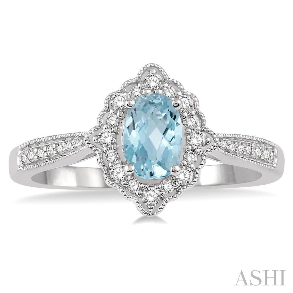 Halo Style Colored Stone Ring 10 KT White with Aqua & Diamonds Accent size 7