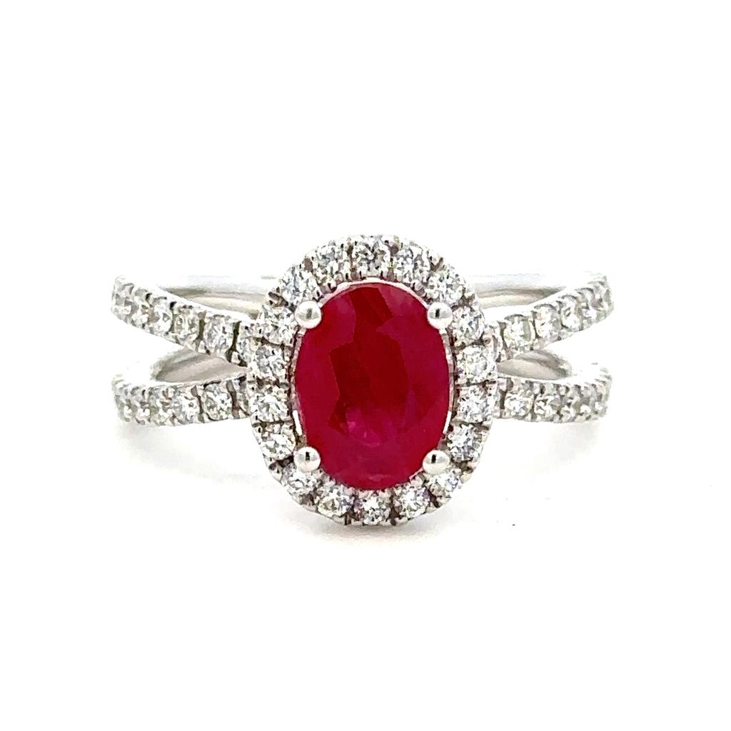 Halo Style Engagement Ring with Colored Stone Center 14 KT White with an Oval Shape Ruby Center Stone and Diamonds accent stones