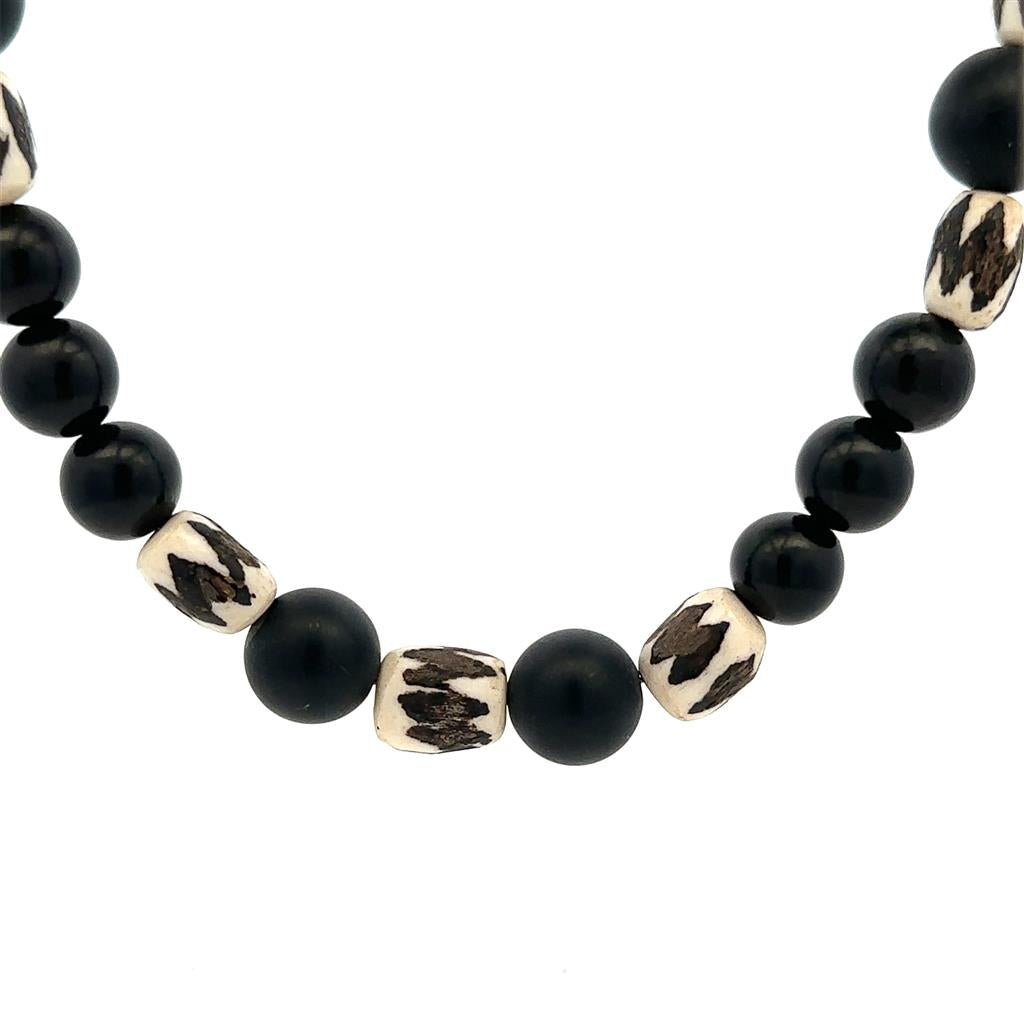 African Hand Painted Beads and black onyx Need New Necklaces White Color 20" Long