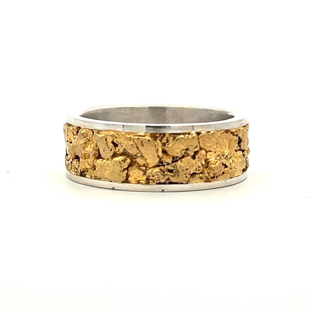 Gold Nugget Style Ring Men's .925 & Alaskan Gold Nugget White & Yellow size 10