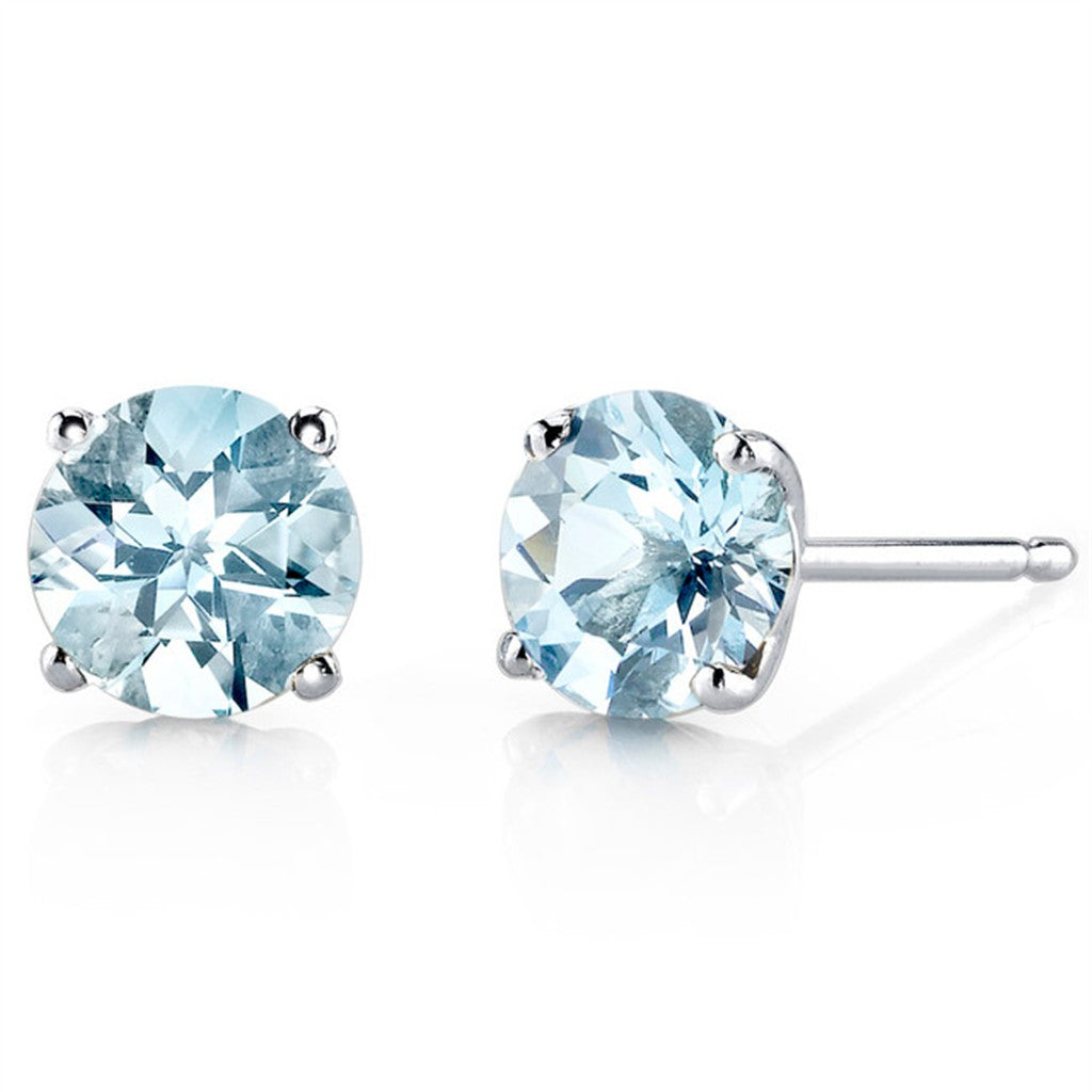 14 Karat Gold White Stud Earrings 1.37ctw Round Aquas