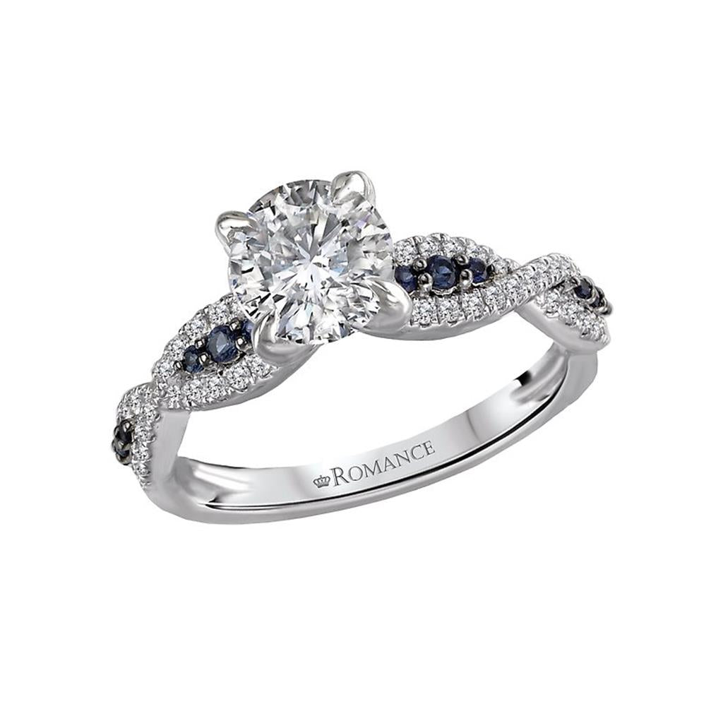 Solitare Accent Style Engagement Ring with Colored Stone Center 14 KT White with an Round Shape Cubic Zirconia Center Stone and Sapphires accent stones