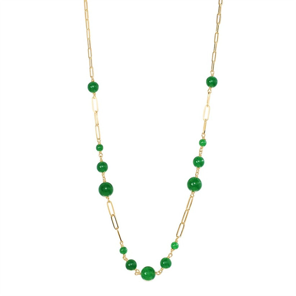 Station Colored Stone Necklace 14 Karat Gold Yellow With Jade 17" Long
