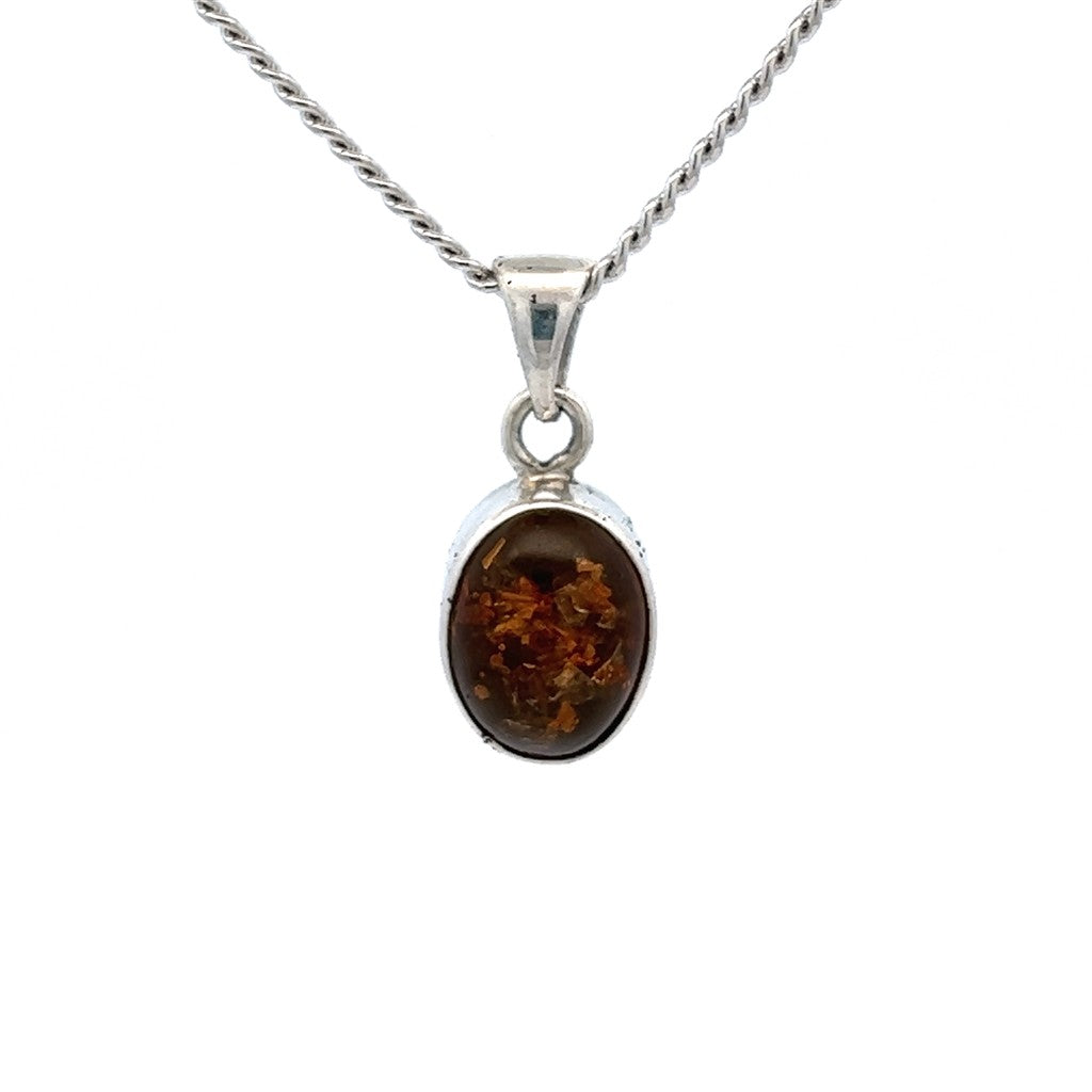 Drop Pendant Sterling Silver White with Oval Amber
