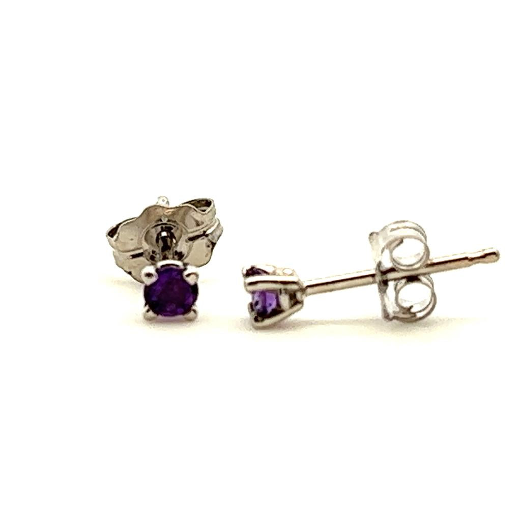 14 Karat Gold White Stud Earrings Round Amethysts
