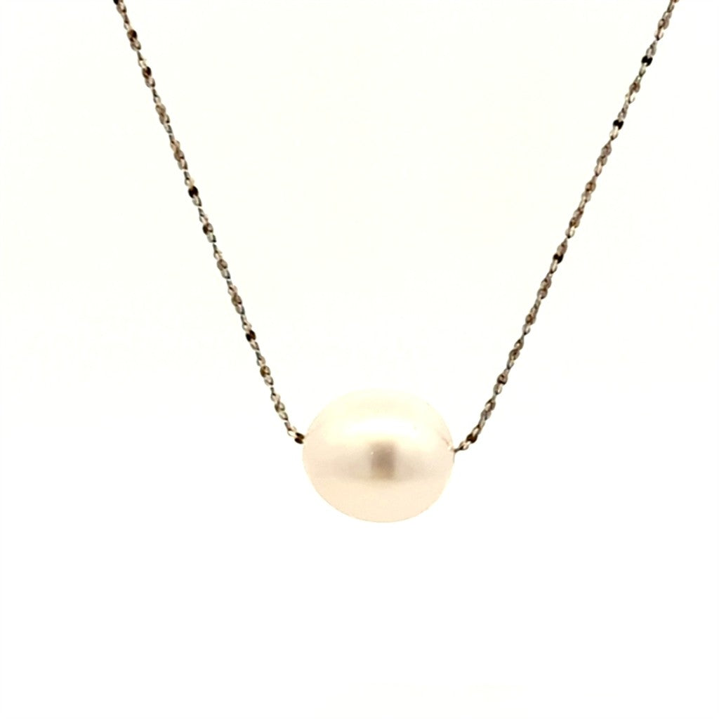 In Line Necklace Sterling Silver White 18" with Fresh Water Pearl Cultured On a Fancy Chain Sterling Silver White