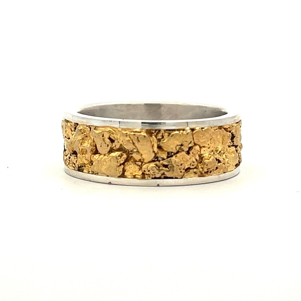 10mm Wide Straight Channel Style Mens Gold Nugget Wedding Band Sterling Silver & Alaskan Gold Nugget Two Tone size 10