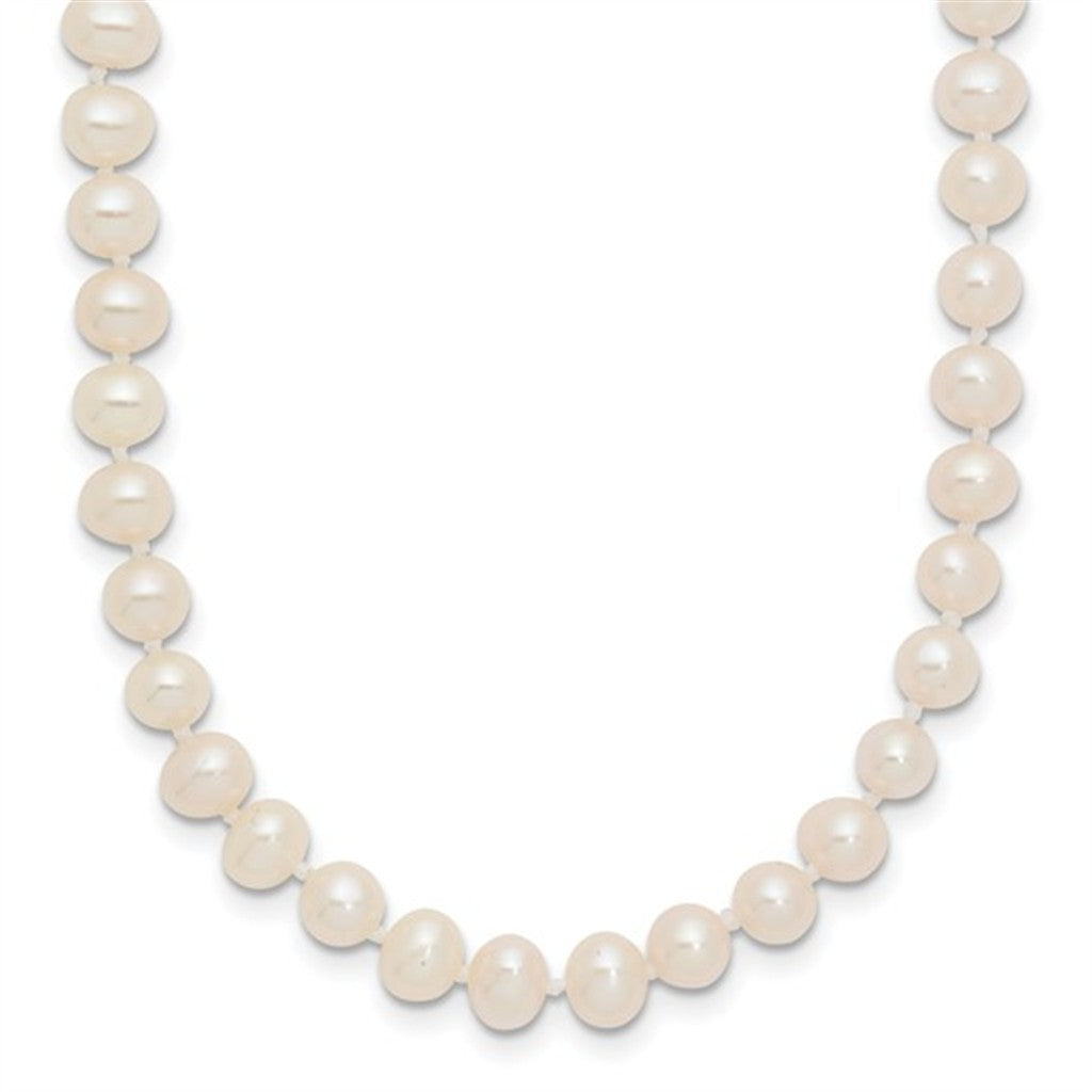 Single Strand Knotted Pearl Strand Necklace Strung on 14 Karat Gold 18" Long with Near Round Fresh Water Pearls