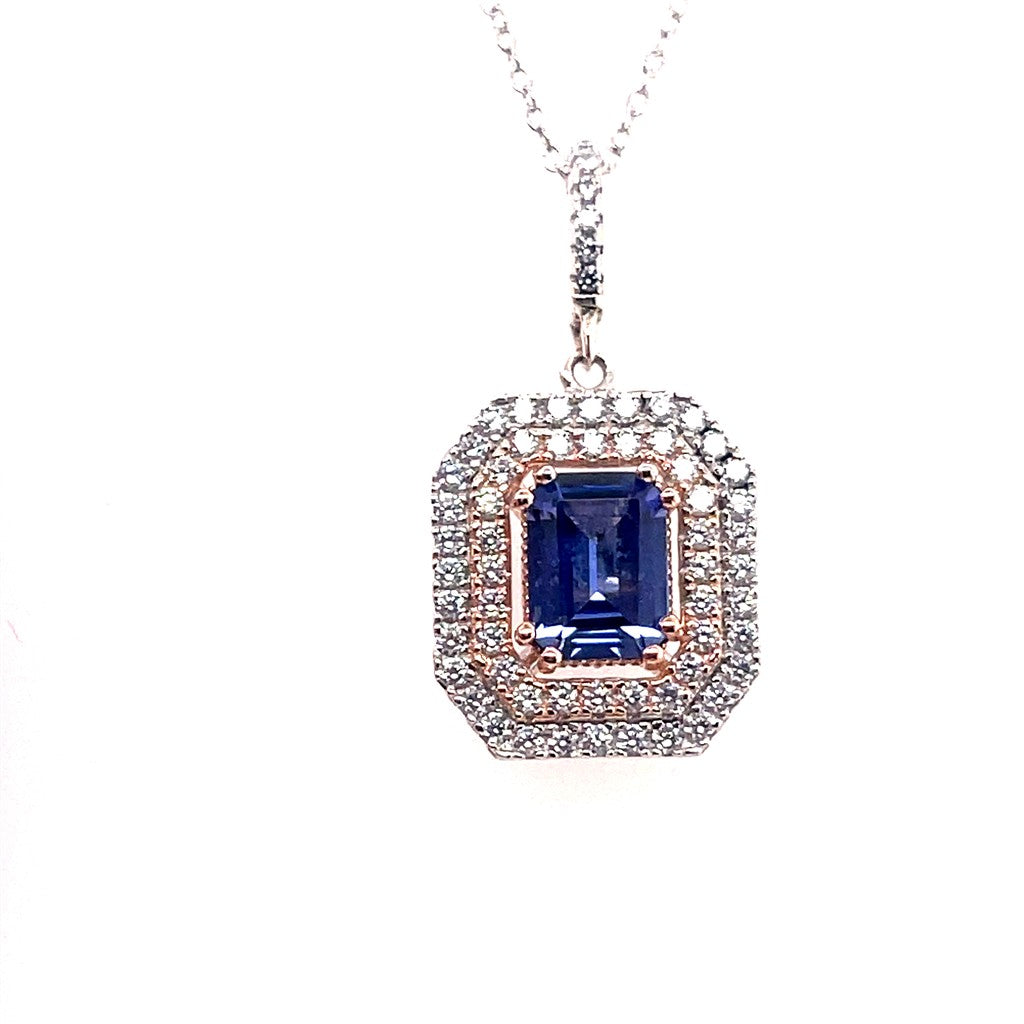 Cluster Pendant Sterling Silver White with Emerald Cut Tanzanite & Round Cubic Zirconia