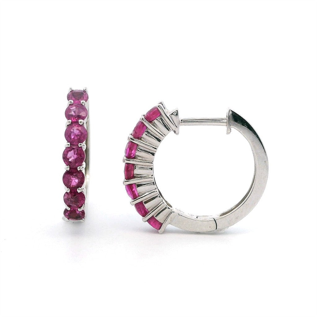 Earrings Precious Metal With Colored Stone Dangle Huggie Hoop 14 Karat Gold White With 1.37ctw Rubies