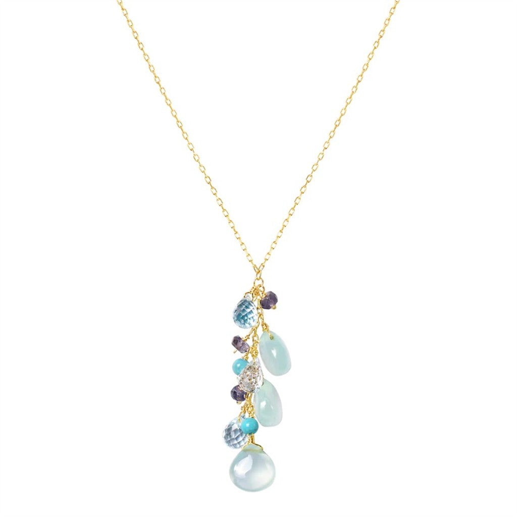 Y Style Colored Stone Necklace 14 Karat Gold Yellow With Chalcedony & Turquoise & Iolite 17" Long