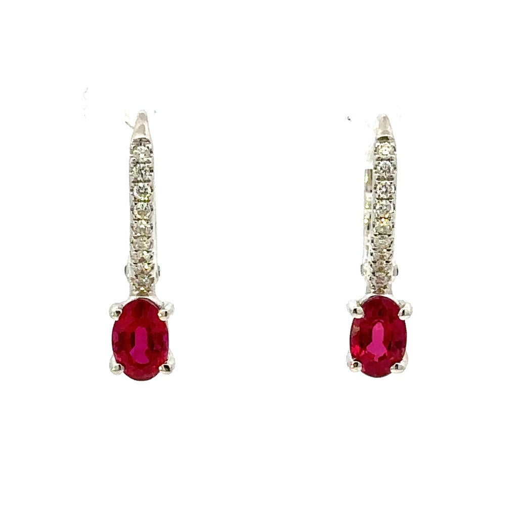 Earrings Precious Metal With Colored Stone Dangle Lever Back 14 Karat Gold White With 1.32ctw Ruby 0.15 ctw & Diamond
