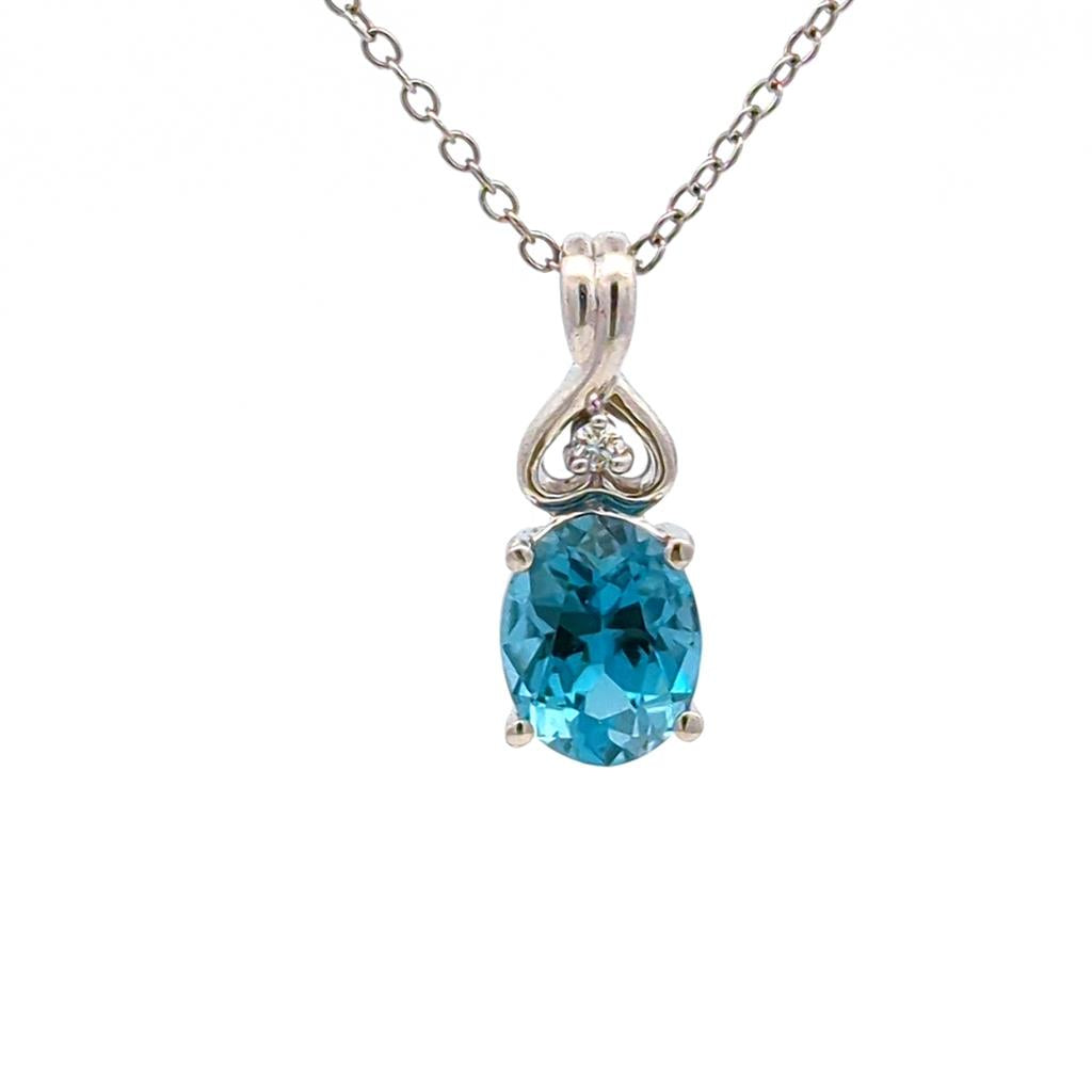 Solitare Accent Pendants 14 Karat Gold White with Oval Bluish Green Topaz & Round Diamond