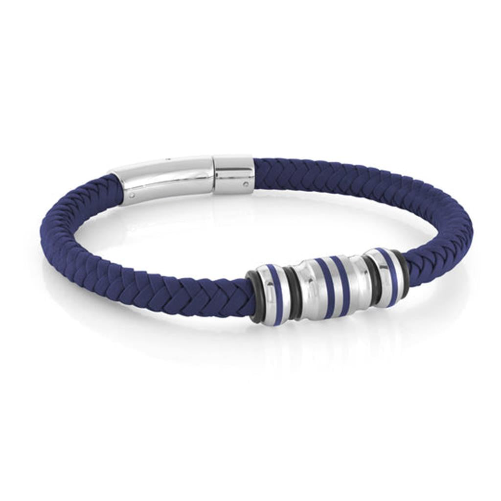 Learher Alternative Metal Bracelet Leather & Stainless Blue Color 8.25" Long