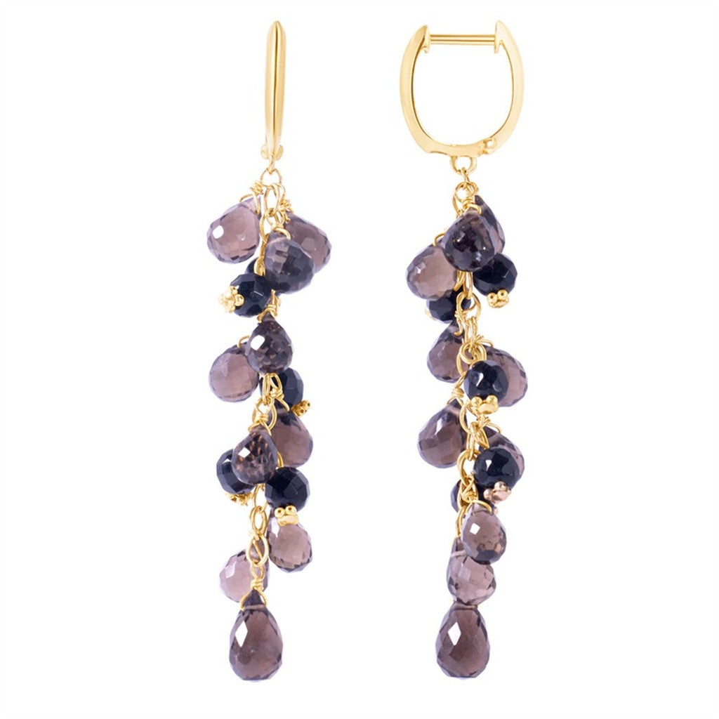 Earrings Precious Metal With Colored Stone Dangle Huggie Hoop 14 Karat Gold Yellow With Quartz & Onyx