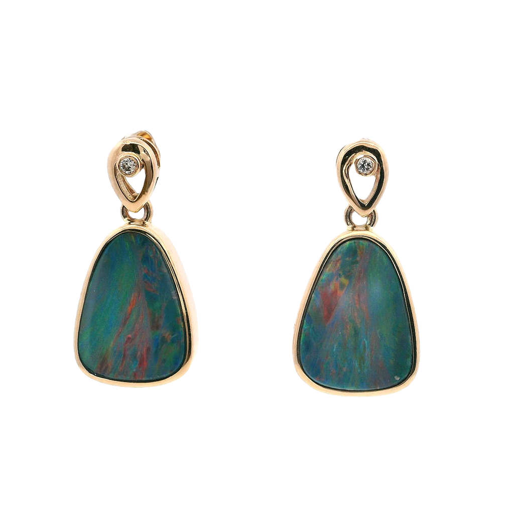 14 Karat Gold Yellow October Stud Drop Earrings Fantasy Cut Opals