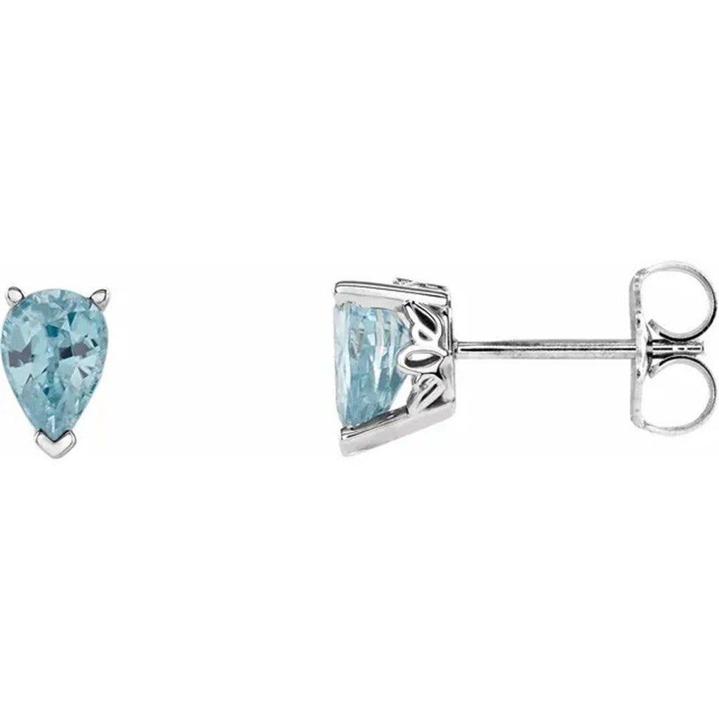 14 Karat Gold White Stud Earrings Pear Blue Zircons