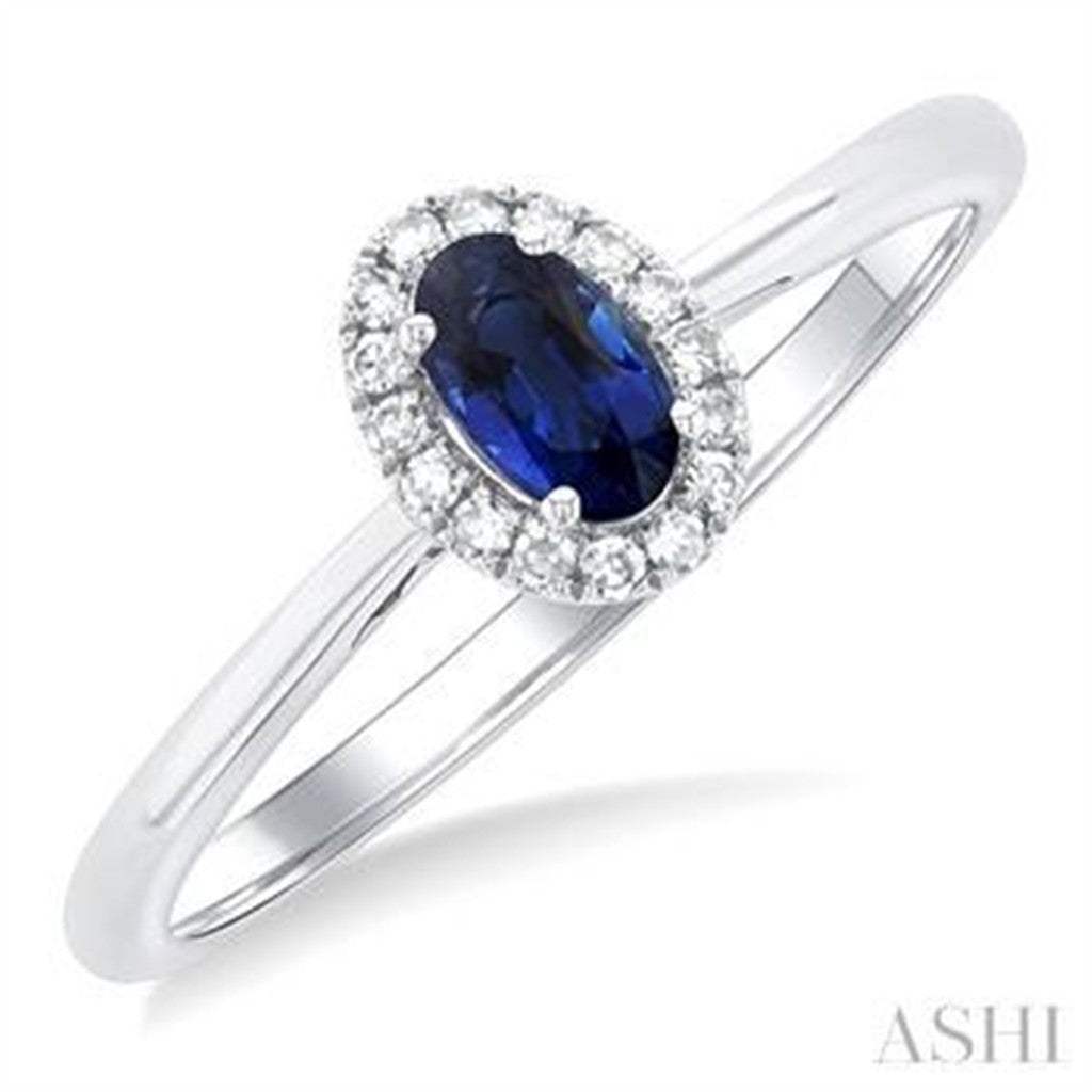 Halo Style Colored Stone Ring 10 Karat Gold White with Sapphire & Diamonds Accent size 6.5